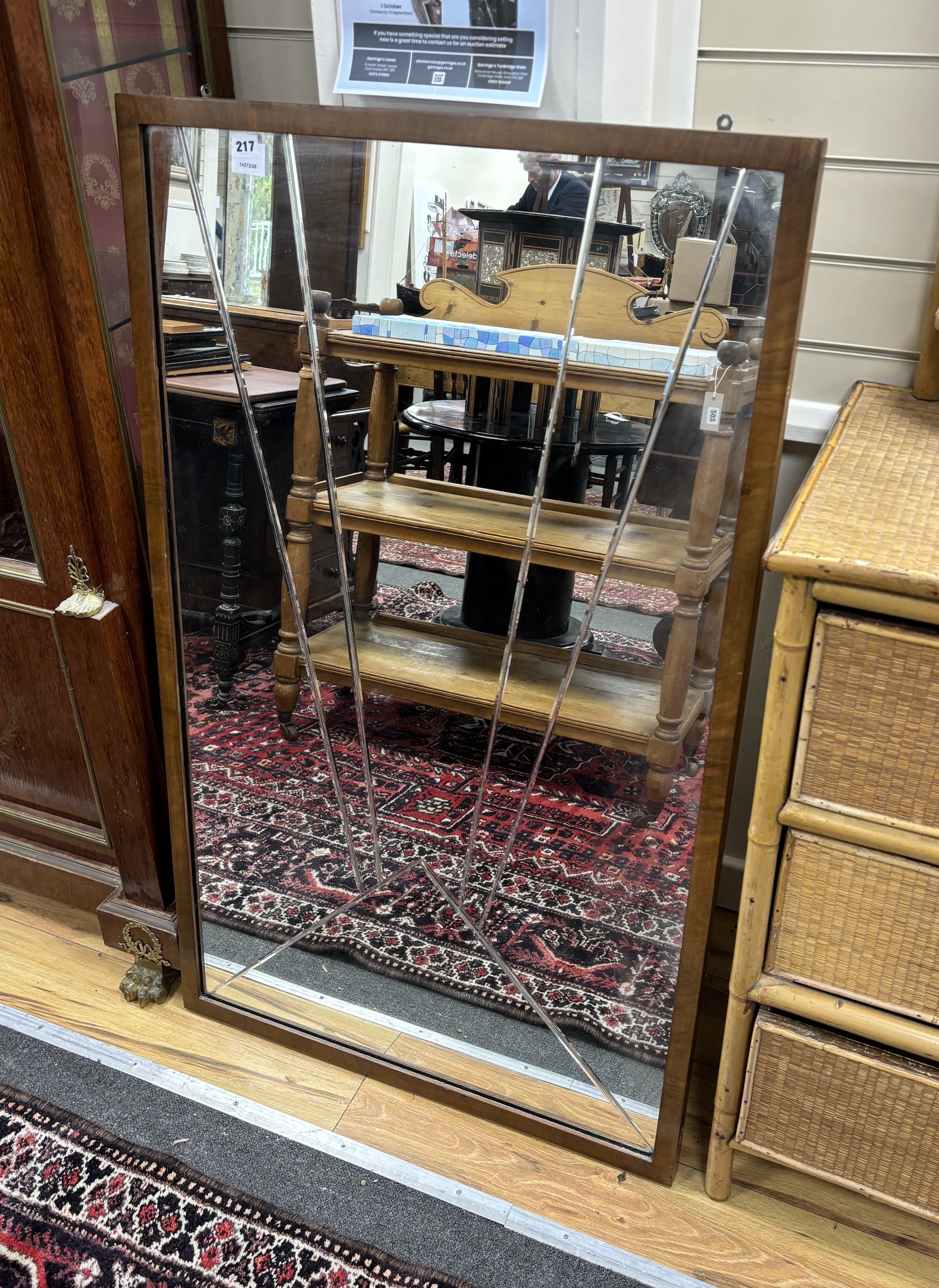 An Art Deco mahogany framed wall mirror, width 73cm, height 123cm